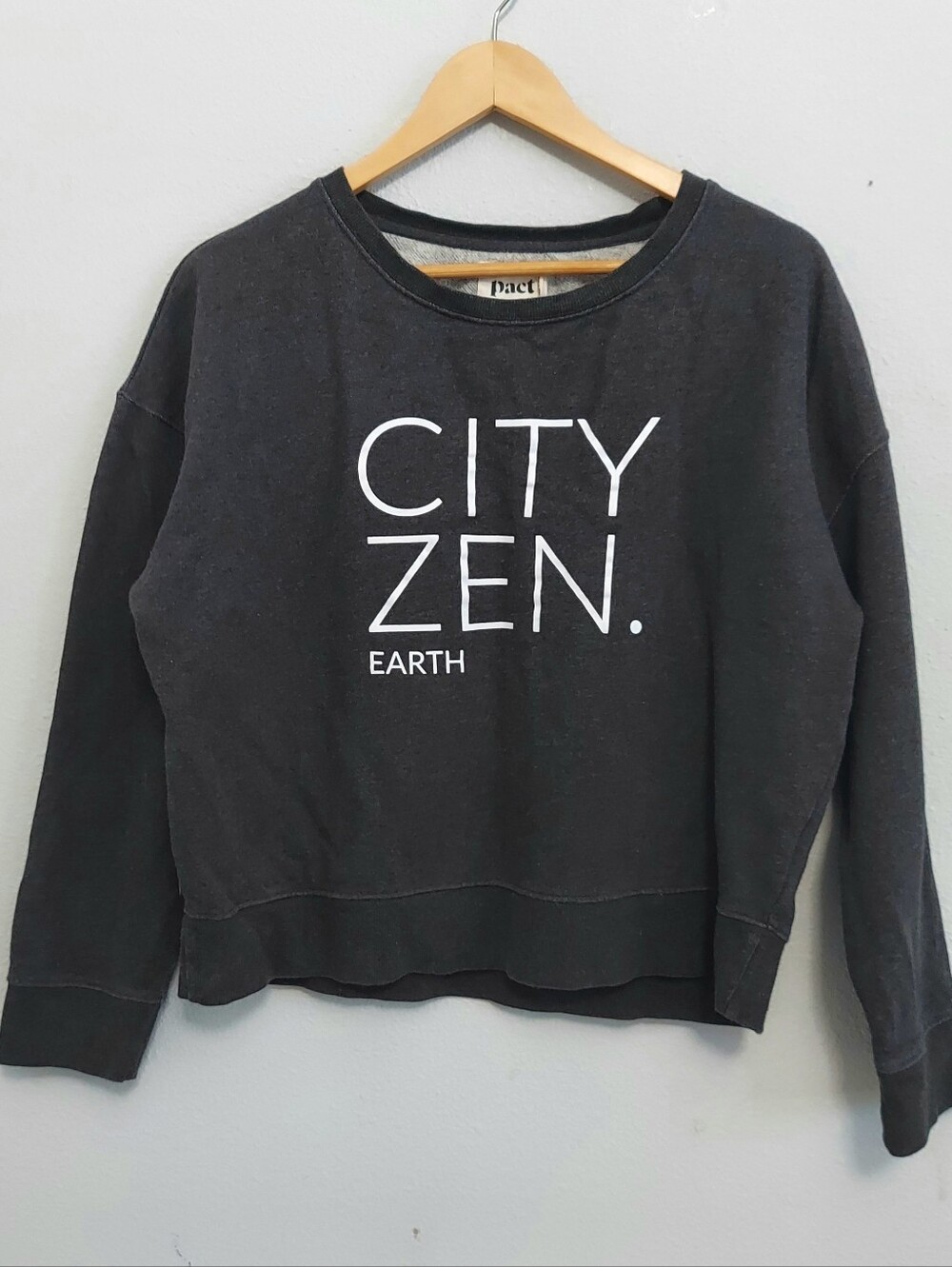 PACT Cropped Graphic "CITY ZEN EARTH" Sweatshirt Dark Gray Women Large